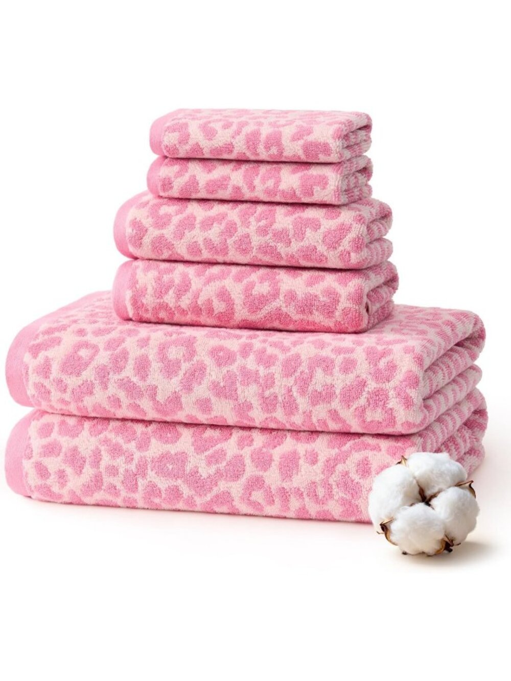 Leopard Print Towel Set of 6 - 100% Cotton, Quick Dry & Absorbent Bath Towels